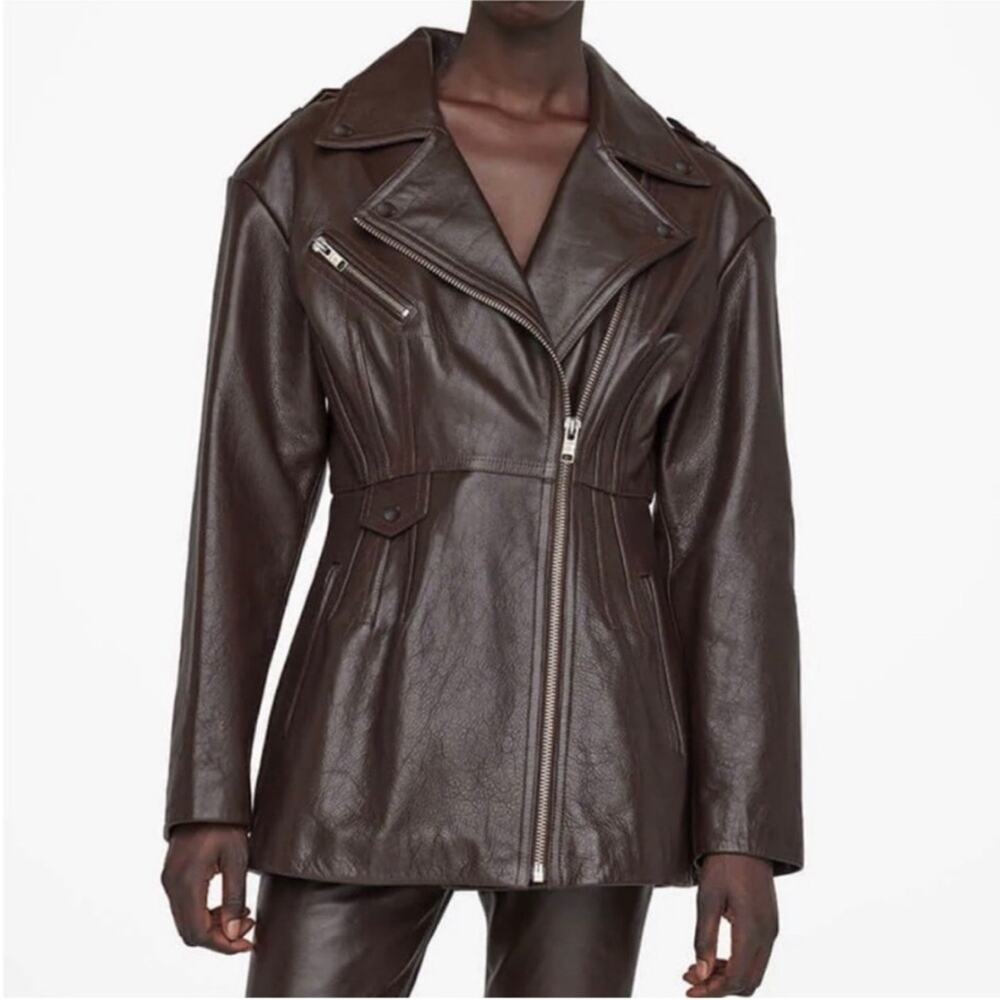 ANINE BING Raven Moto Leather Jacket Brown S